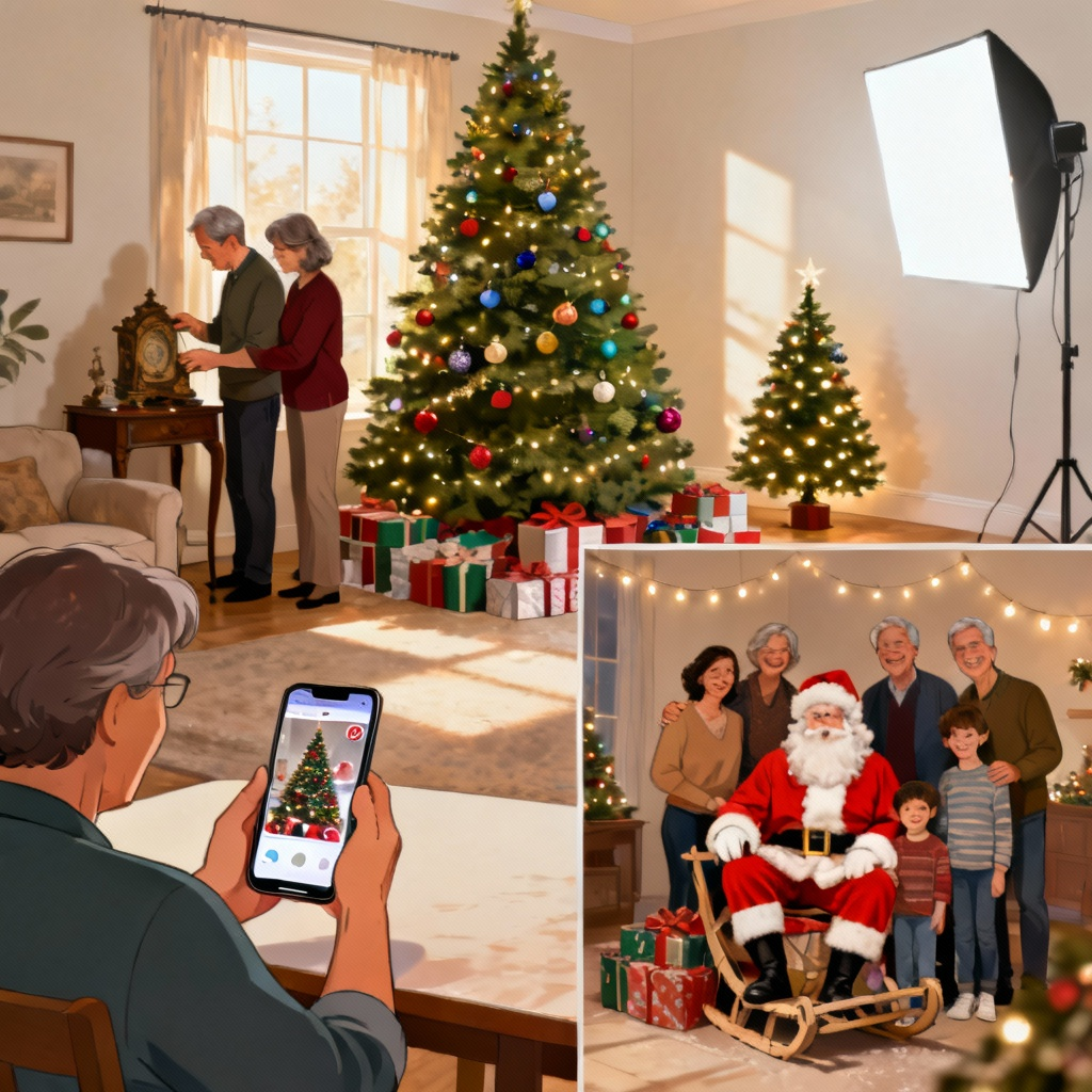 A person using a smartphone to apply AI filters to a Christmas photo