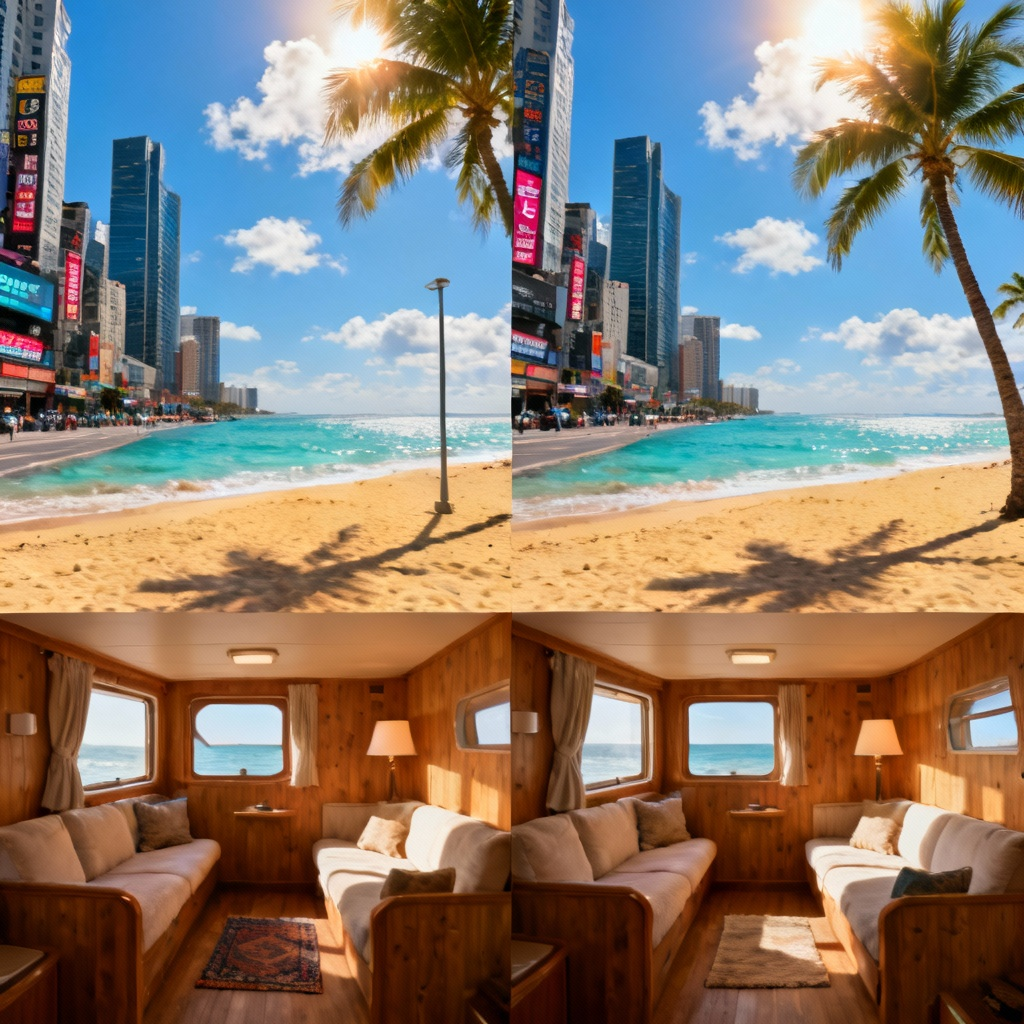 Side-by-side cityscapes with hidden differences in architecture and street details