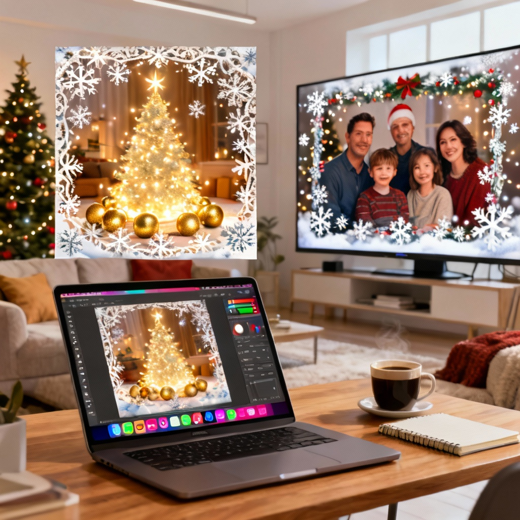 A user interface of a photo editor showcasing various Christmas effects and frames