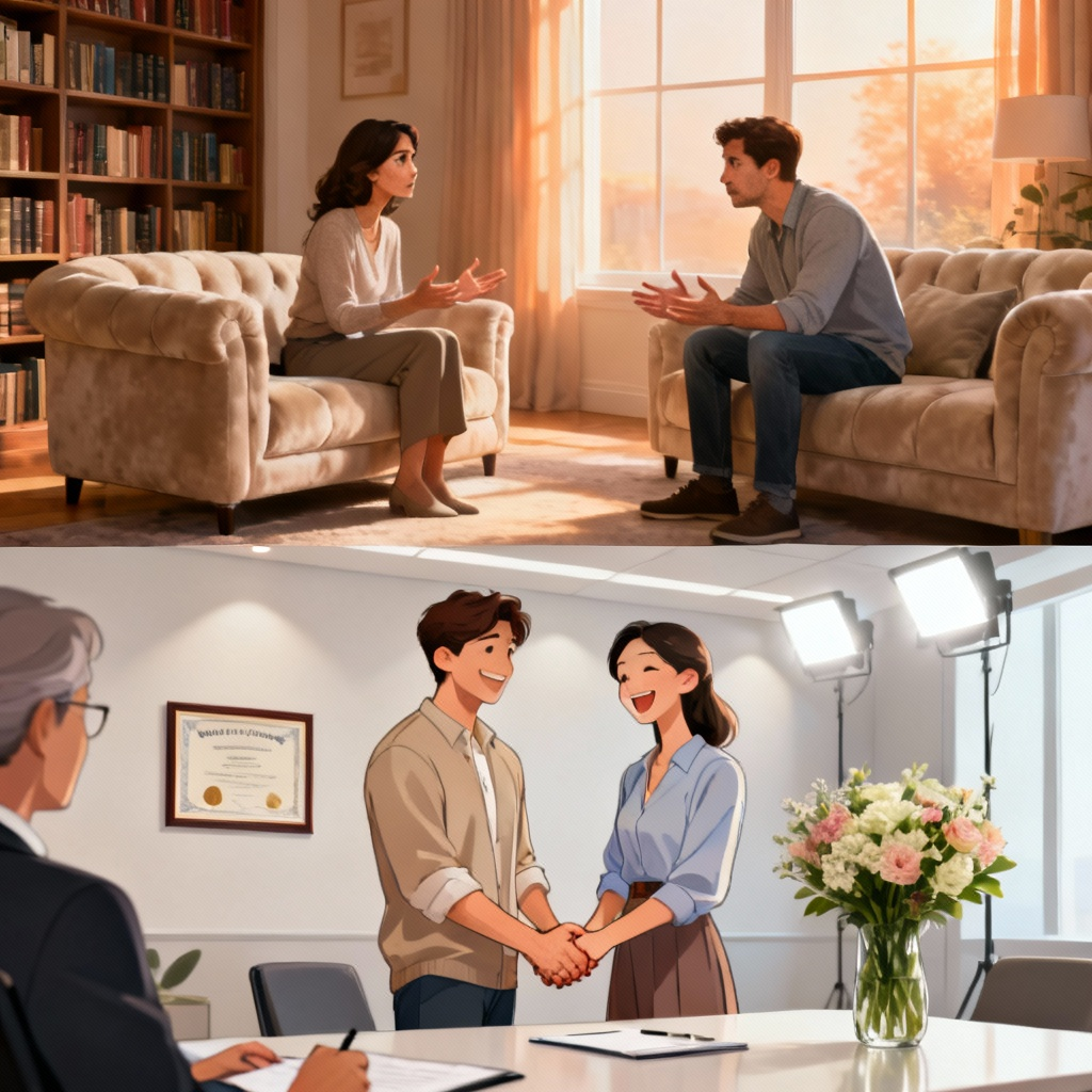 A couple sitting on a sofa, looking serious, having a conversation about their marriage