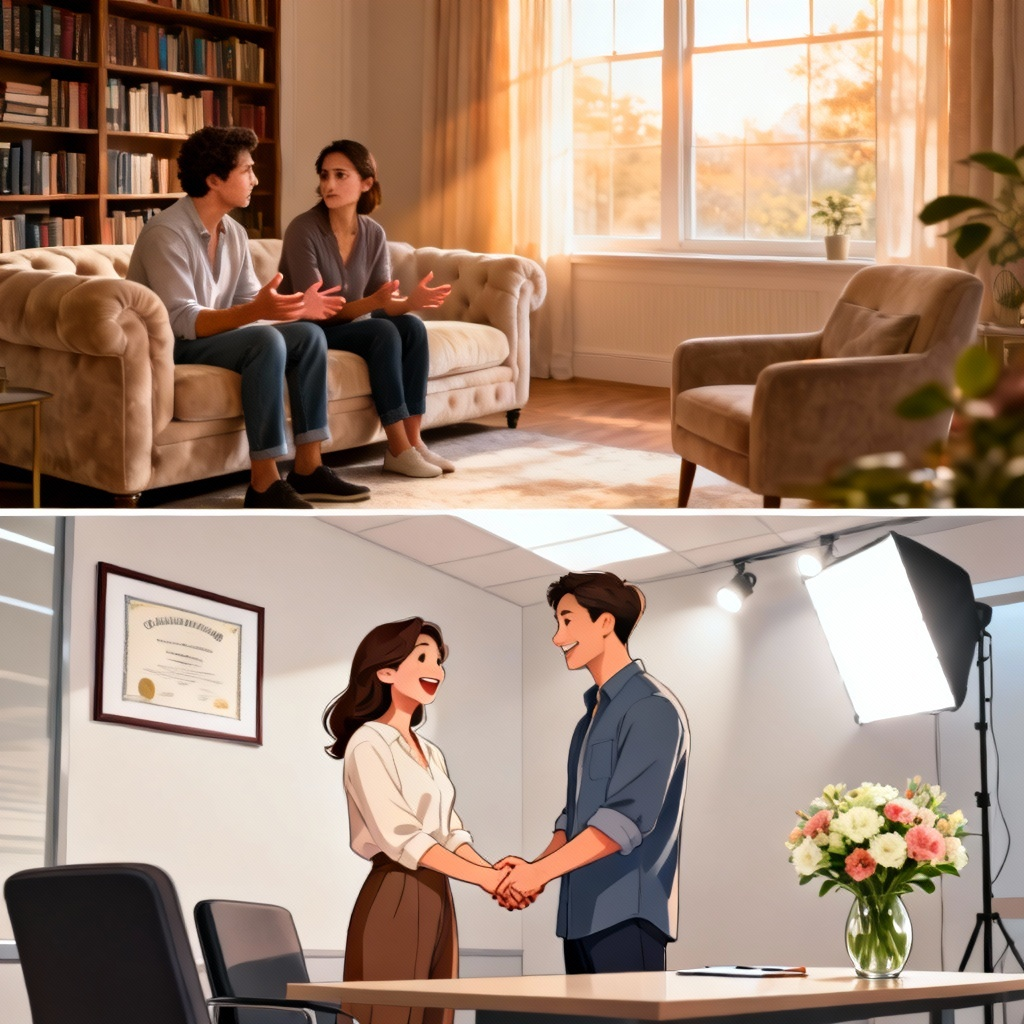 A couple holding hands, smiling, after a successful marriage counseling session