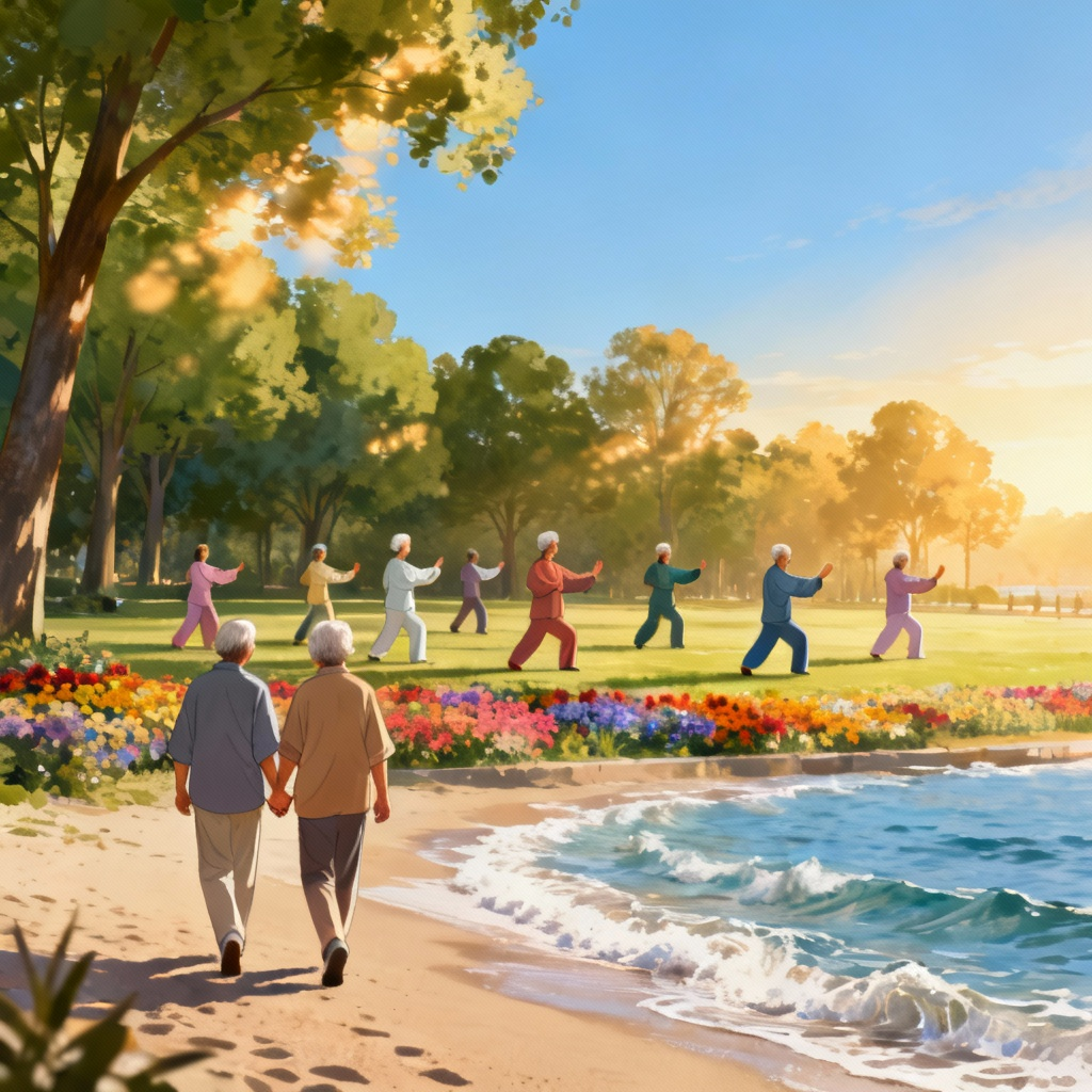 A group of seniors practicing tai chi in a park