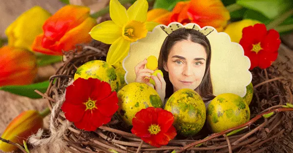 Display A Picture Of Your Choice In The Nest Filled With Easter Eggs And Flowers.