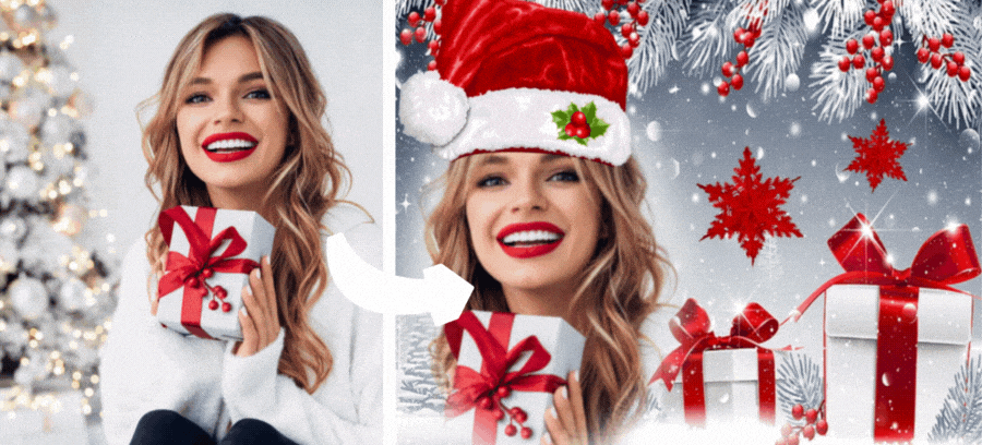 Put On A Santa Hat And Take A Photo With Christmas Presents