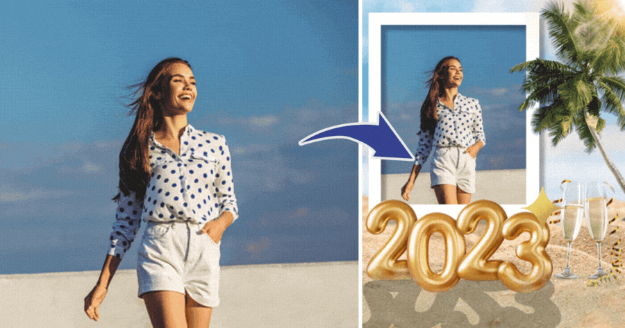 Khung ảnh ch&uacute;c mừng năm mới 2023 tr&ecirc;n biển