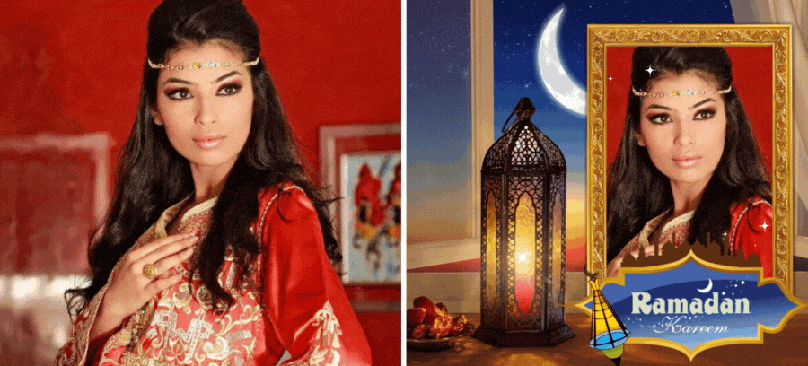 Ajoutez votre photo dans ce cadre photo de la Lune et de lanternes pour le Ramadan 🌙