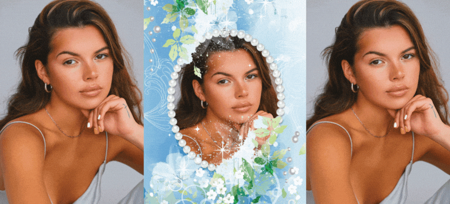 Add Your Favorite Selfie In This Pearl Frame Surrounded By Blue Flowers