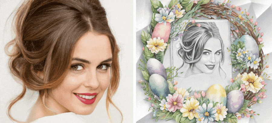 Joyeuse P&acirc;ques | R&eacute;alisez votre portrait dessin&eacute; dans cette superbe couronne d&eacute;cor&eacute;e d'&oelig;ufs de P&acirc;ques !