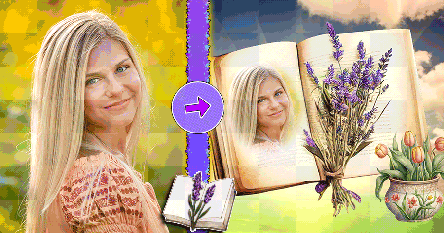 Preserve Your Photo In This Retro Book With Lavender Flower.