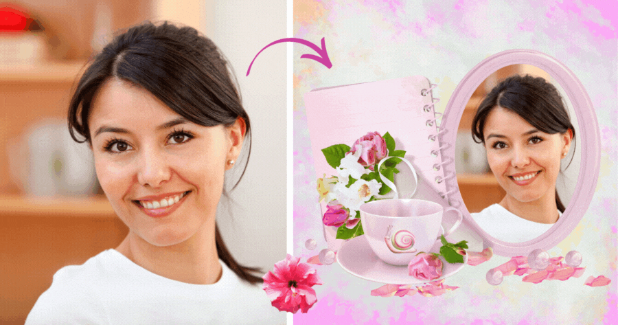 Metti la tua foto su questa cornice unica con rose rosa e tazza da te!