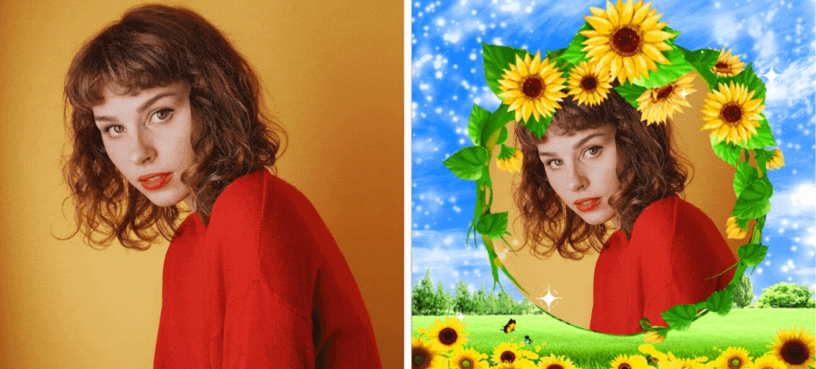 Generați o fotografie de profil frumoasă &icirc;ntr-o coroană de floarea-soarelui 🌻