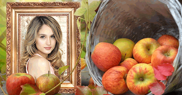 Create your beautiful photo with the  frame of a basket full of apples