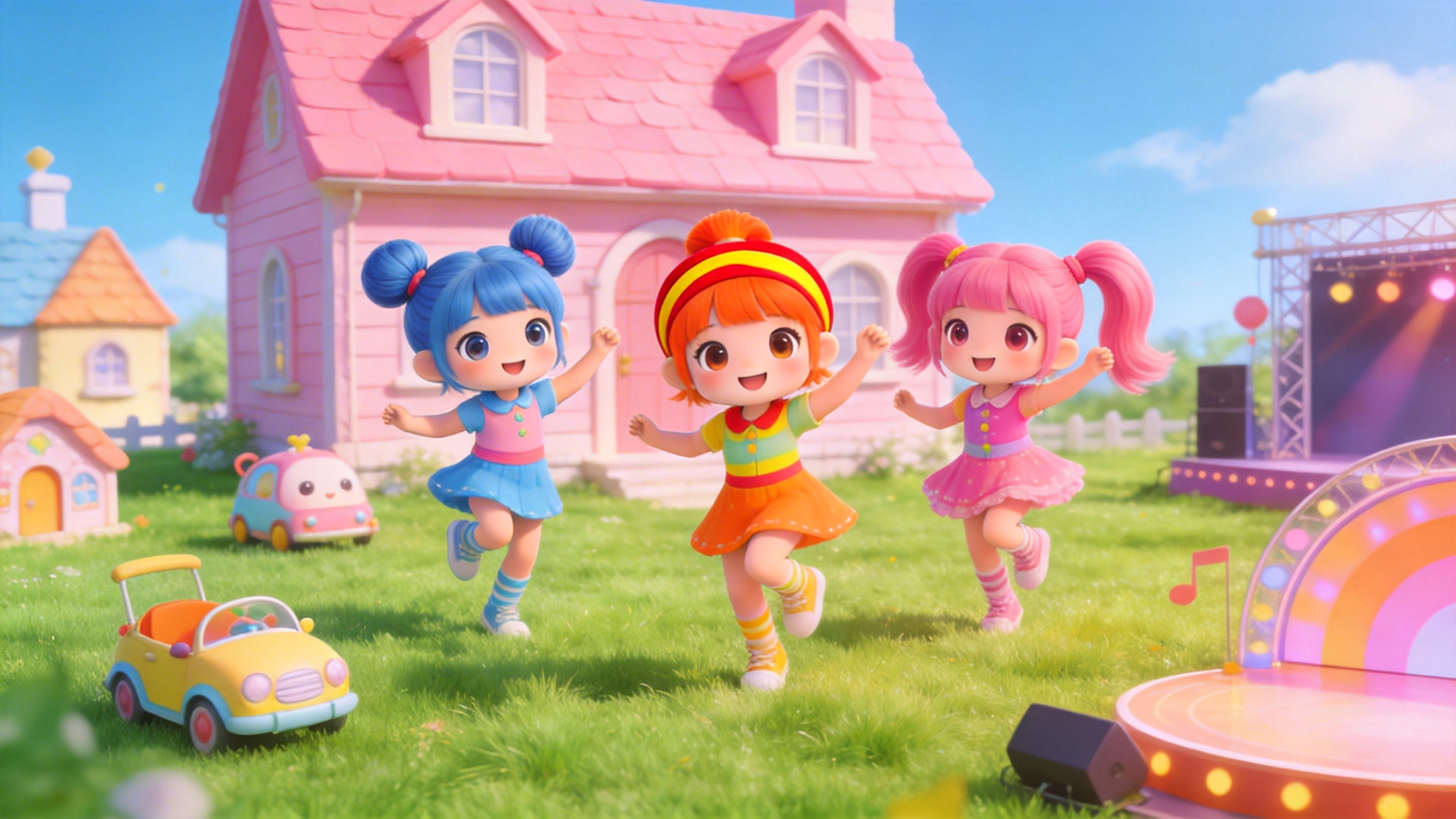 Three Dancing Girls Drive and Dance for Kids